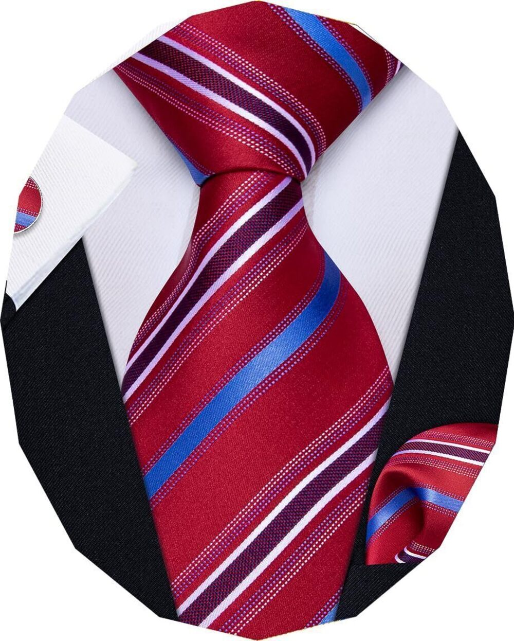 7766 Burgundy Ties Striped Tie Woven Silk Necktie Handkerchief Cufflinks